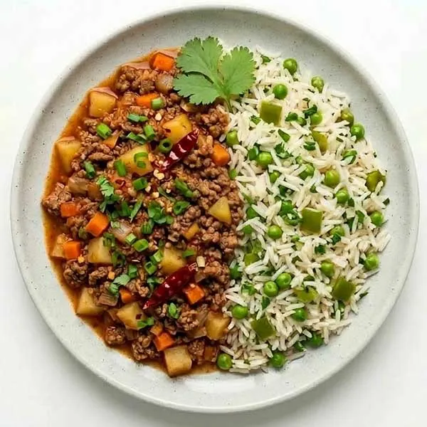 Mexican picadillo beef with peas rice